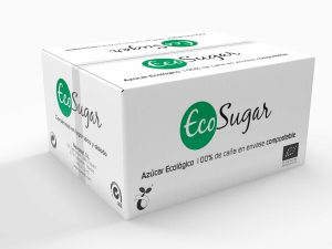 Caja de 750 sobres de 5 grs. de azúcar ecológico en envase 100% compostable.