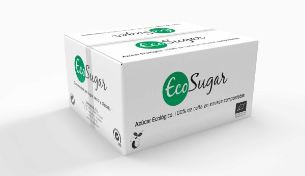 Caja de 750 sobres de 5 grs. de azúcar ecológico en envase 100% compostable.