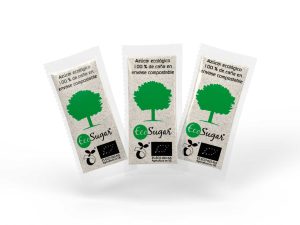 Sobres de 5 grs. de azúcar ecológico en envase 100% compostable.