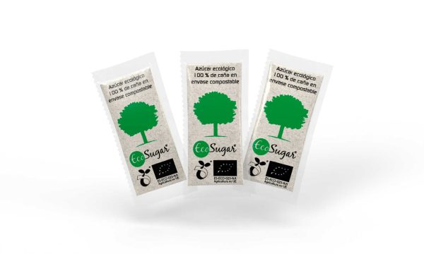 Sobres de 5 grs. de azúcar ecológico en envase 100% compostable.